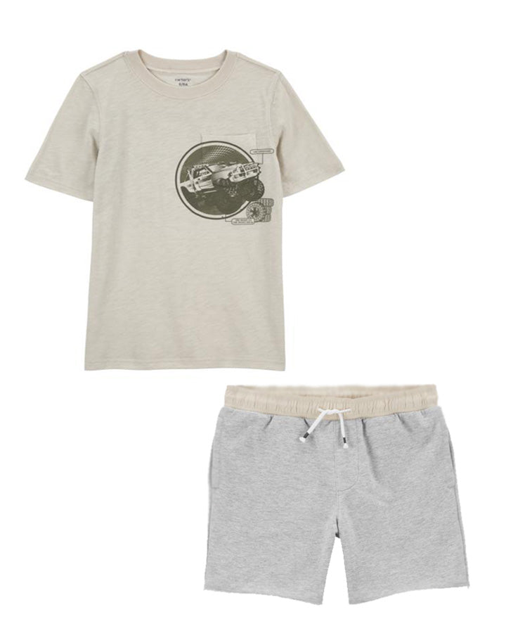 Carter's Kid Monster Truck Slub Jersey Pocket Tee with Pull-On Knit Rec Shorts